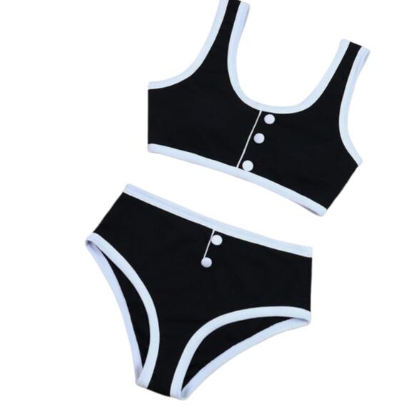 Black White Contrast Trim Ribbed High-Waisted Bikini Set Commense Size L - Picture 4 of 5